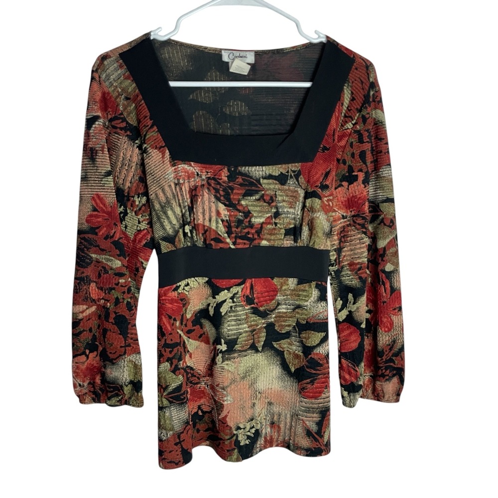 Vtg 90s Carducci Womens Floral Tunic Size L Red 3/4 Sleeve Empire Waist Tie Back